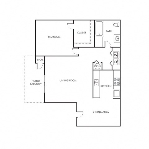 Floor plan for 1 bed, 1 bath, 697 sqft